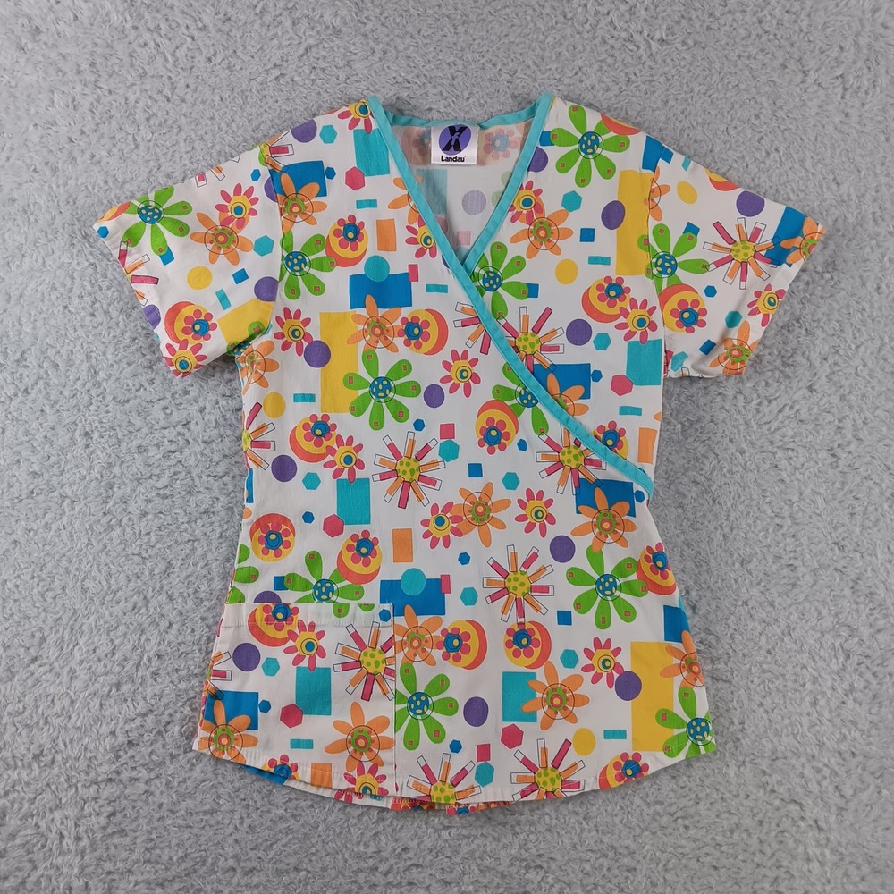 Landau Scrub Top Womens 0/1 Multicolor Retro Floral Geometric Mock Wrap V-Neck